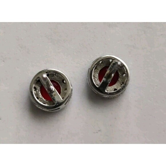 Round Lab Created Ruby Halo Stud Earrings 925 Sterling Silver No Backs - Picture 4 of 5